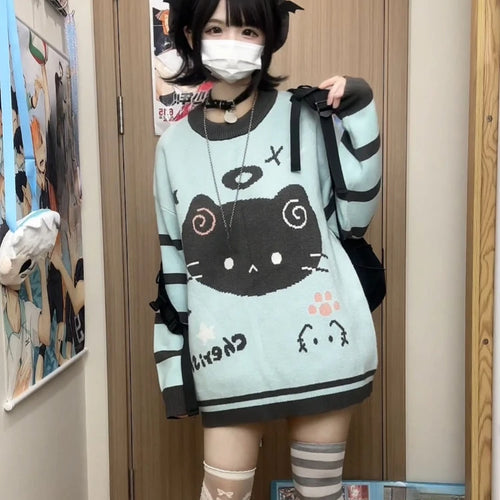 Load image into Gallery viewer, Japanese Contrast Color Striped Cartoon Cat Sweater Women Y2k Harajuku Casual Cute Kawaii Jumper Aesthetic Sweet Loose Pullovers
