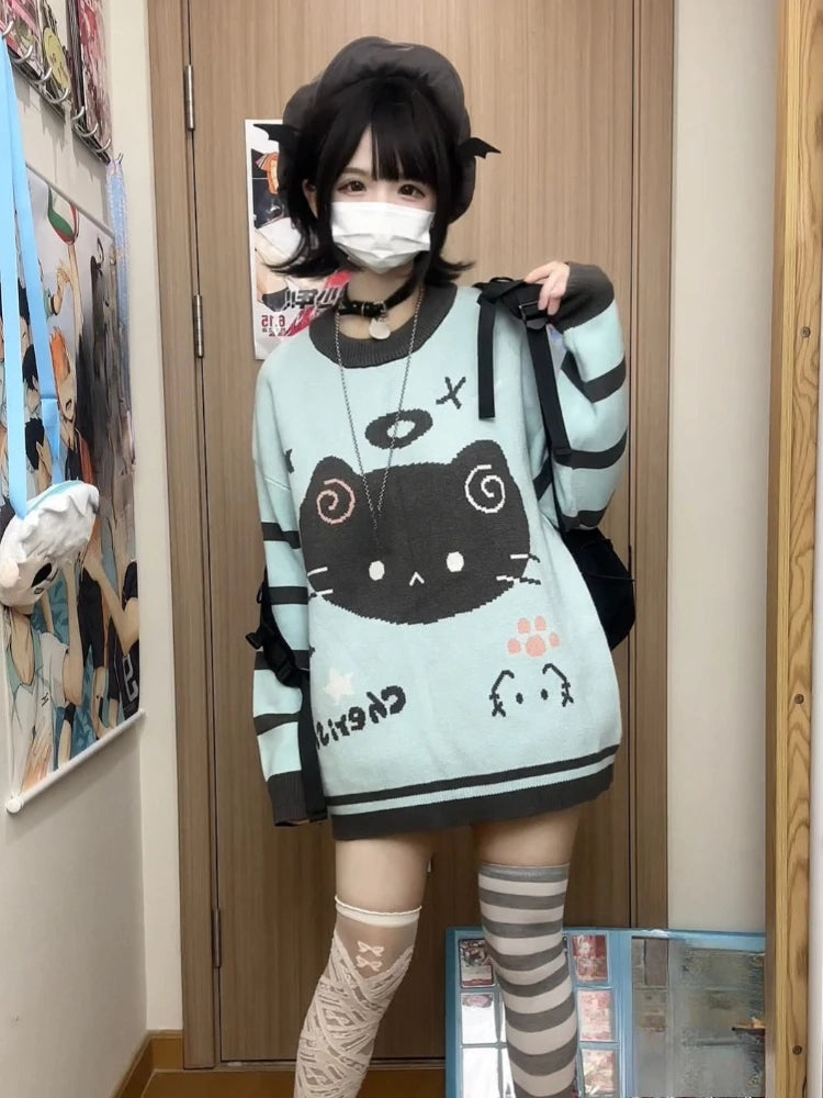Japanese Contrast Color Striped Cartoon Cat Sweater Women Y2k Harajuku Casual Cute Kawaii Jumper Aesthetic Sweet Loose Pullovers