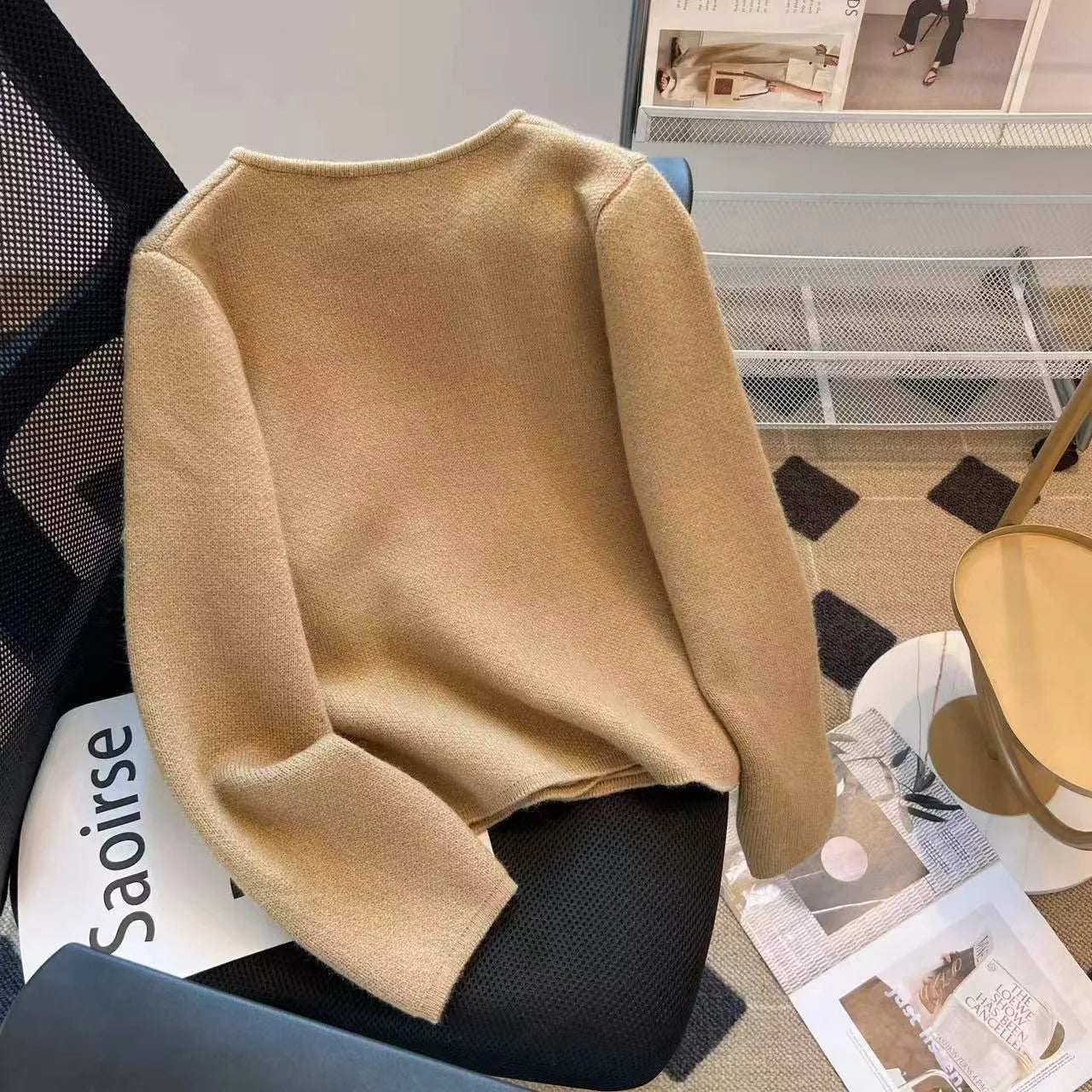 Autumn Winter Red White Long Sleeves Knitted Sweater French Women's Elegant Brown Double Breasted Versatile Pullover Tops Street