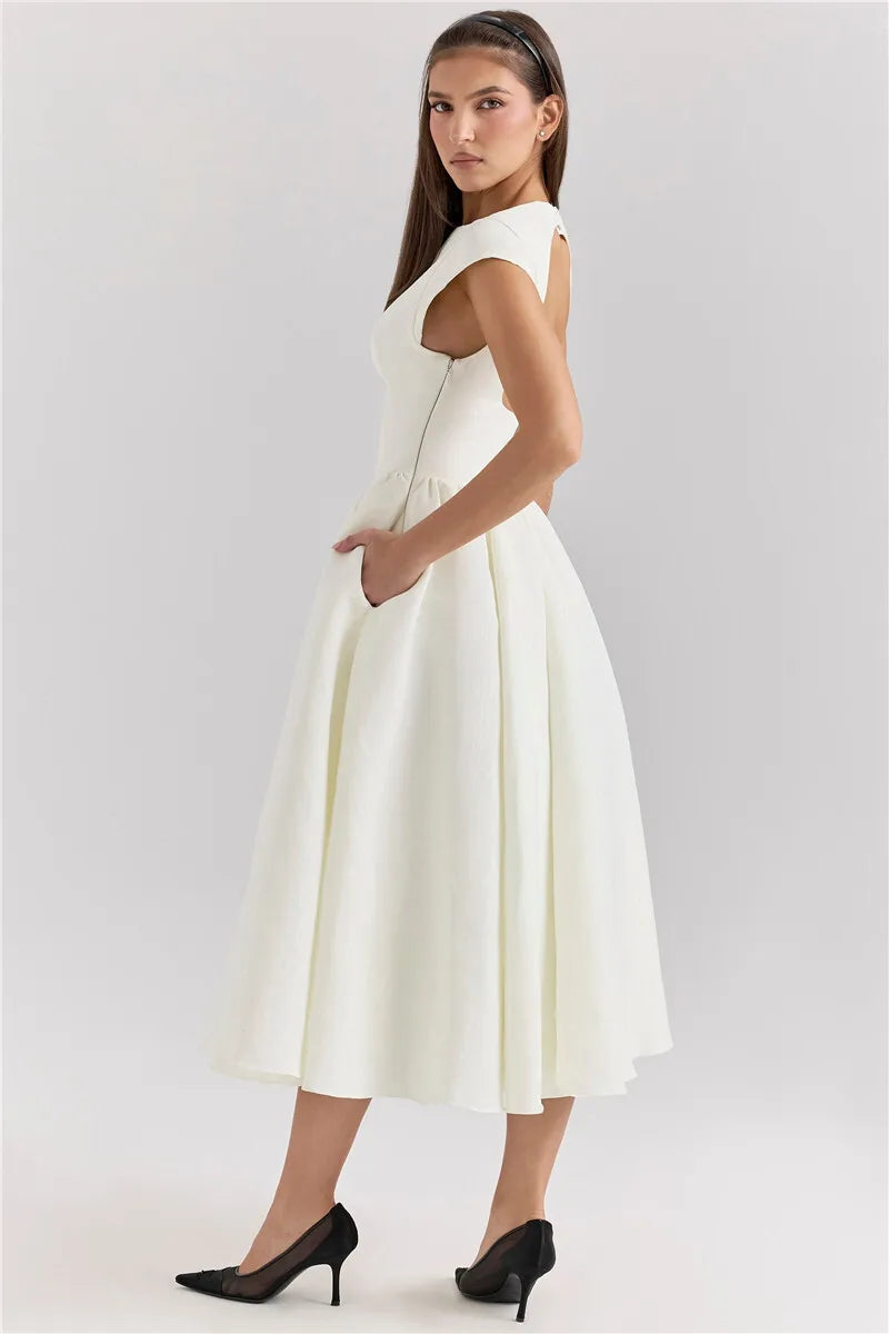 White Backless A-line Sexy Maxi Dress For Women Gown Solid Hollow Out Sleeveless High Waist Club Pleated Dress Elegant