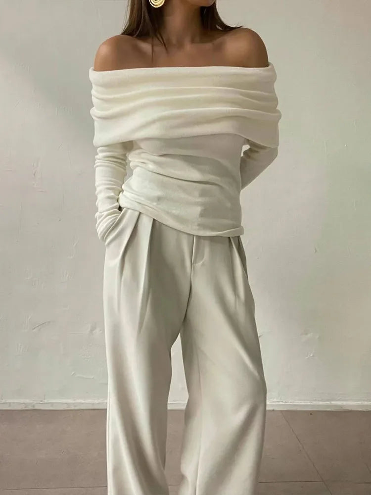 Elegant Knitted Long Sleeve Sweater High Elasticity Slim Top For Women 2025 New Winter Sexy One Shoulder Tight Sweater