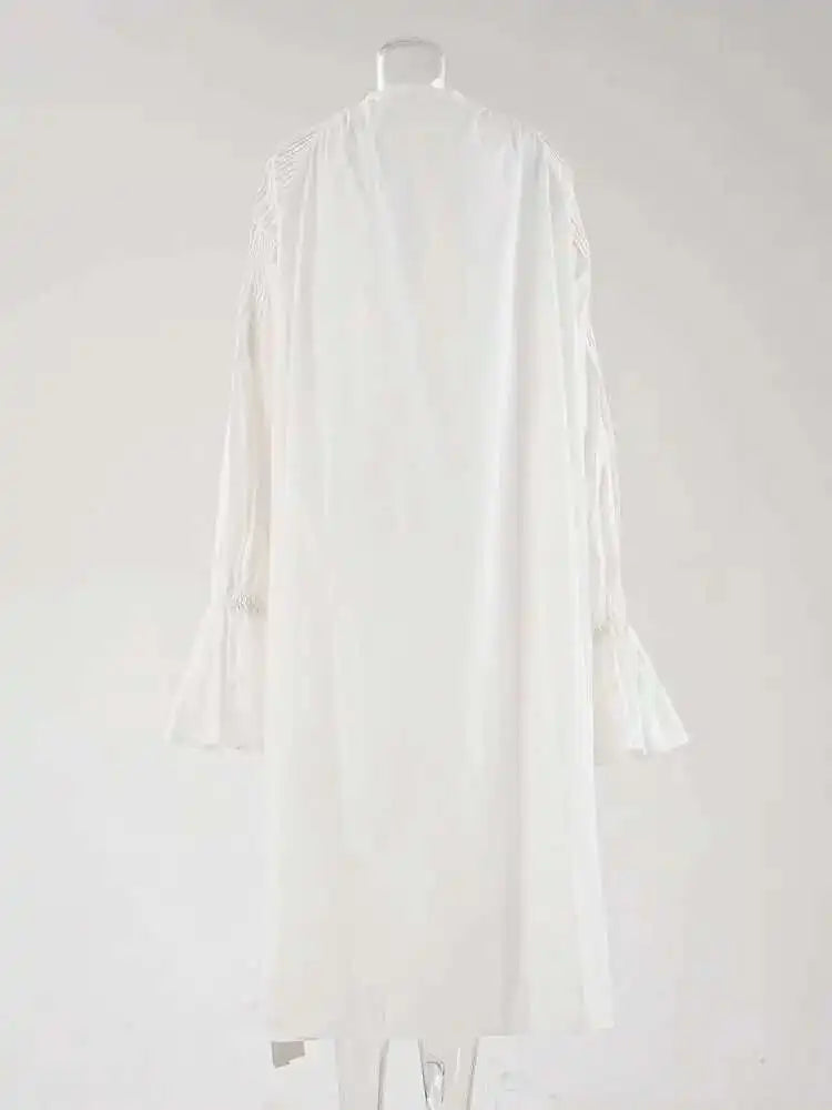 Women White Big Size Elegant Shirt Dress New Stand Collar Long Flare Sleeve Fashion Tide Spring Autumn 2025 CPDB216