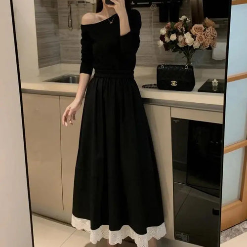 Load image into Gallery viewer, Spring Summer French Fashion Patchwork Lace Elegant Versatile Long Skirt Women Vintage High Waisted Vacation Pleated Half Skirts

