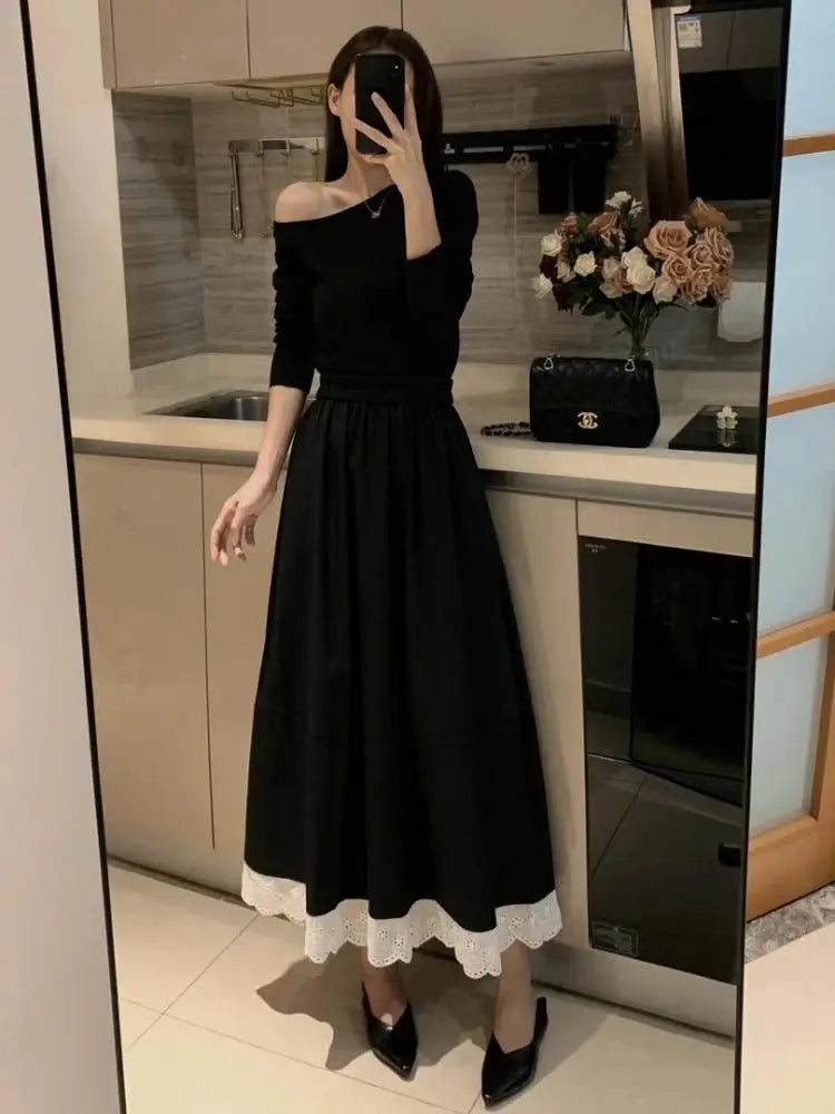 Spring Summer French Fashion Patchwork Lace Elegant Versatile Long Skirt Women Vintage High Waisted Vacation Pleated Half Skirts