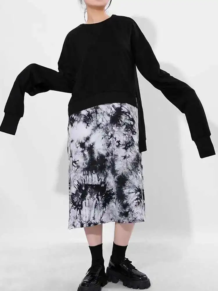 Loose Fit Black Backless Bandage Sweatshirt New Round Neck Long Sleeve Women Big Size Fashion Spring Autumn 2025 JO28401