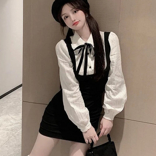 Load image into Gallery viewer, School Student Bodycon Dress Fake Two Korean Fashion Slim Long Sleeve Mini Short Dresses Kpop Kawaii Cute Outfits
