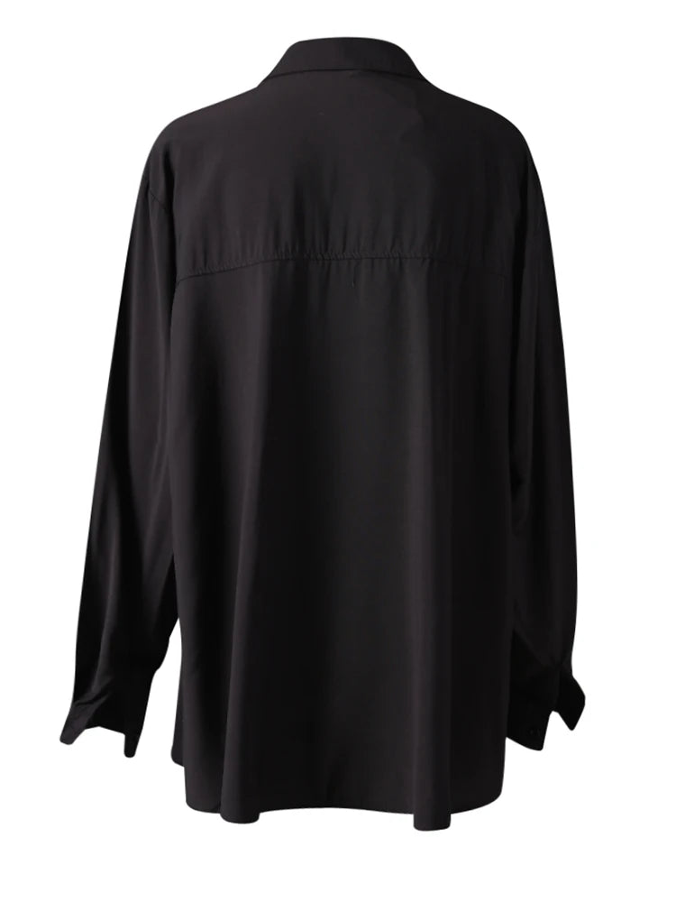 Women Black Printed Patch Spliced Big Size Blouse New Lapel Long Sleeve Shirt Fashion Tide Spring Autumn 2025 21F3676