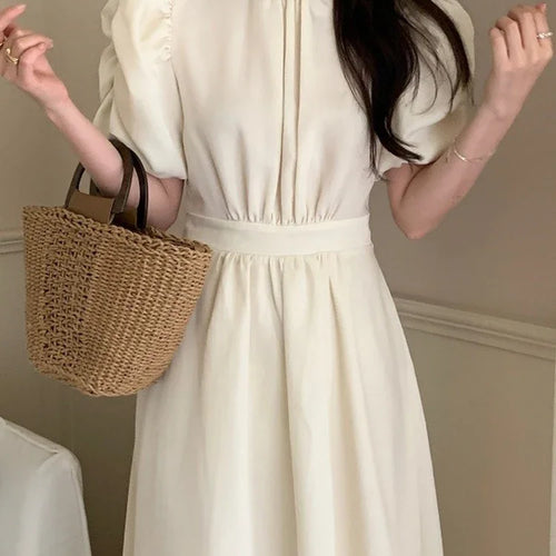 Load image into Gallery viewer, Chiffon Slim Waist Back Hollow Out Dress Lady Korean Fashion Puff Sleeve Dresses Women Summer Elegant Lace-up Midi Dress
