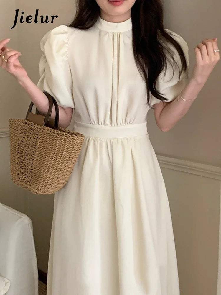 Chiffon Slim Waist Back Hollow Out Dress Lady Korean Fashion Puff Sleeve Dresses Women Summer Elegant Lace-up Midi Dress