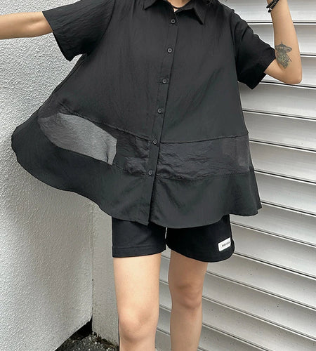Women Black Organza Perspective Big Size Blouse New Lapel Short Sleeve Shirt Fashion Tide Spring Summer 2025 1DJ1390