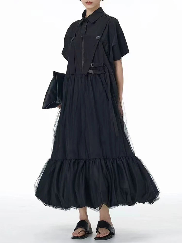 Women Green Mesh Spliced Big Size Bud Strap Dress New Square Collar Sleeveless Fashion Tide Spring Autumn 2025 1DJ1322