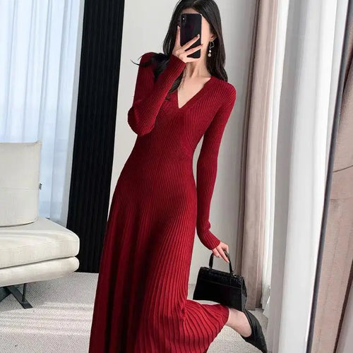 Load image into Gallery viewer, Black Sweet Sweater Midi Dress For Woman 2023 Casual Autumn Winter Knitted Korean V-neck Long Sleeve Elegance Red Dress Fashion
