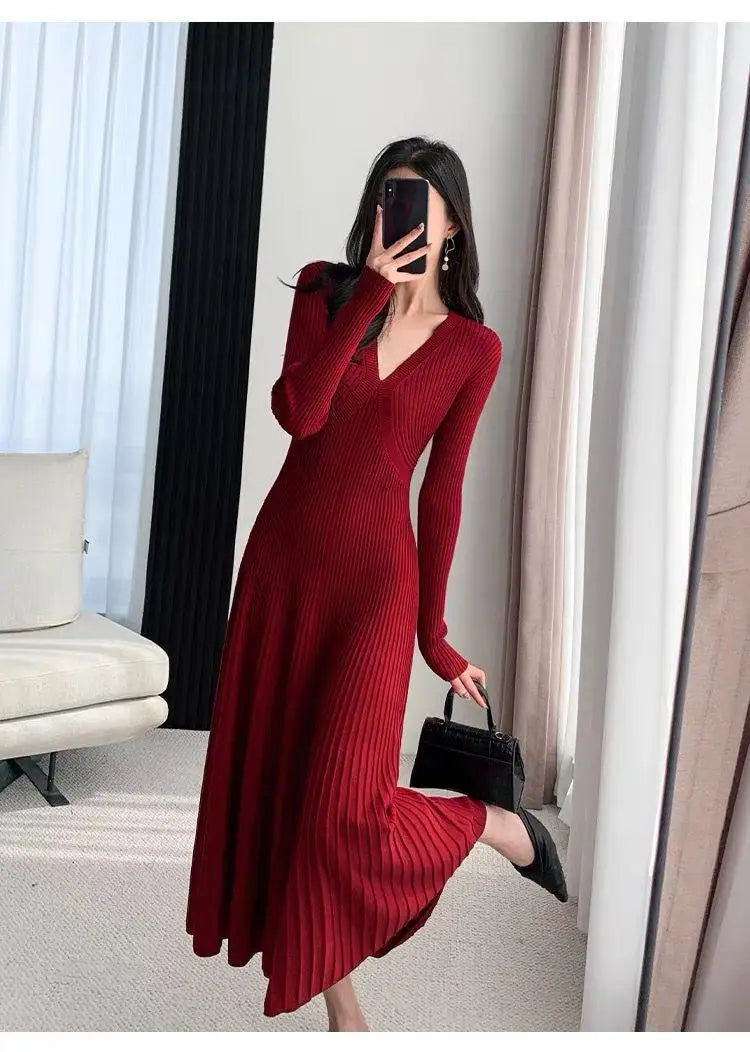 Black Sweet Sweater Midi Dress For Woman 2023 Casual Autumn Winter Knitted Korean V-neck Long Sleeve Elegance Red Dress Fashion