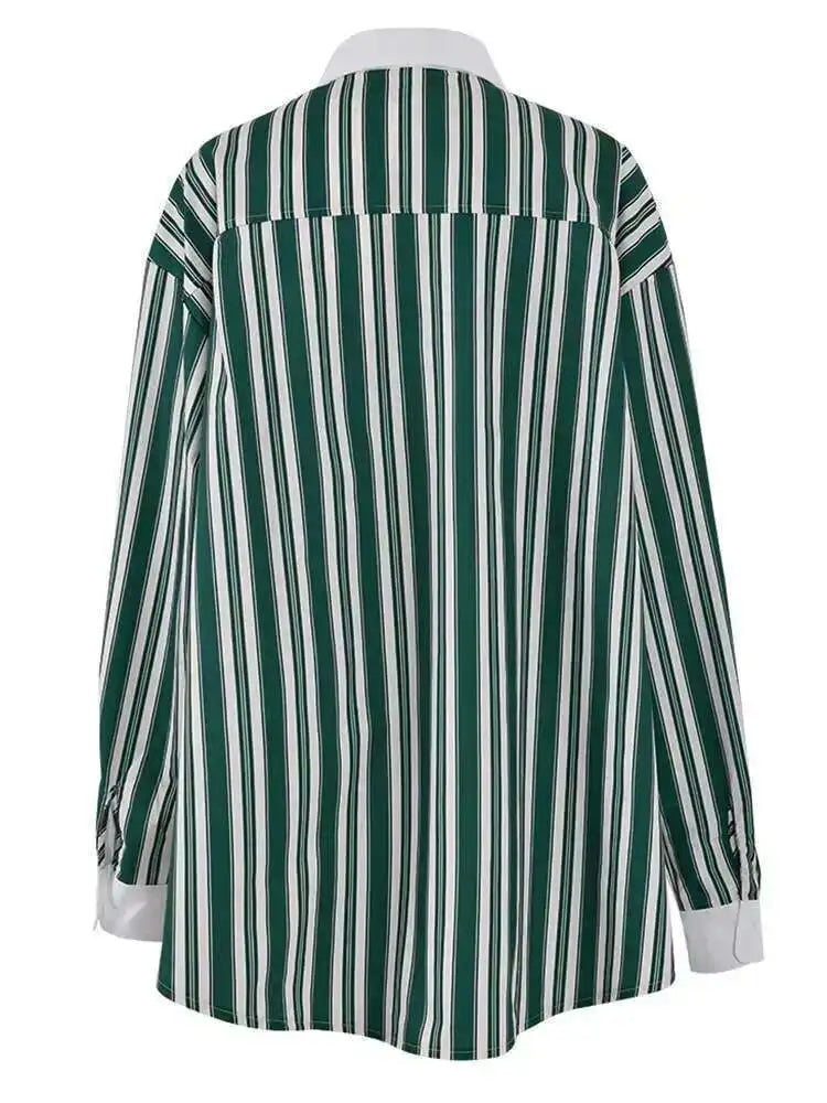 Women Green Striped Big Size Vintage Blouse New Lapel Long Sleeve Loose Fit Shirt Fashion Tide Spring Autumn 2025 CPG0669
