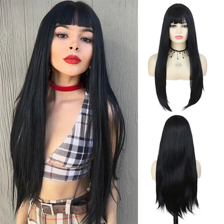 Synthetic Hair Wig Long Wigs for Women Ombre Brown Straight Wig with Bangs Heat Resistant Costume for Woman Carnival Party Wig