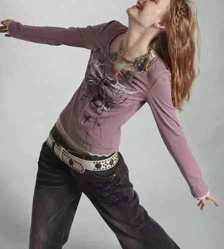 Cotton T Shirts Women's Clothing Print V-neck Long Sleeve Tunic Tees Y2k Tops 2024 Ropa Mujer Fashion Casual Vintage T-shirt