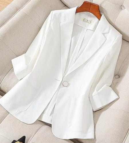 Korean Fashion White Gray Elegant Party Blazer Tops Women Vintage Seven-point Sleeve Single Button Lapel Professional Coat 2024
