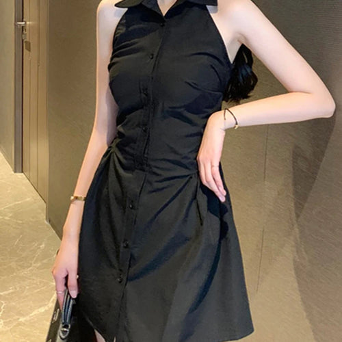 Load image into Gallery viewer, Black Halter Polo Neck Female Shirt Dress Slim Waist Sleeveless Solid Color Single Breasted Women&#39;s Dresses Office Lady
