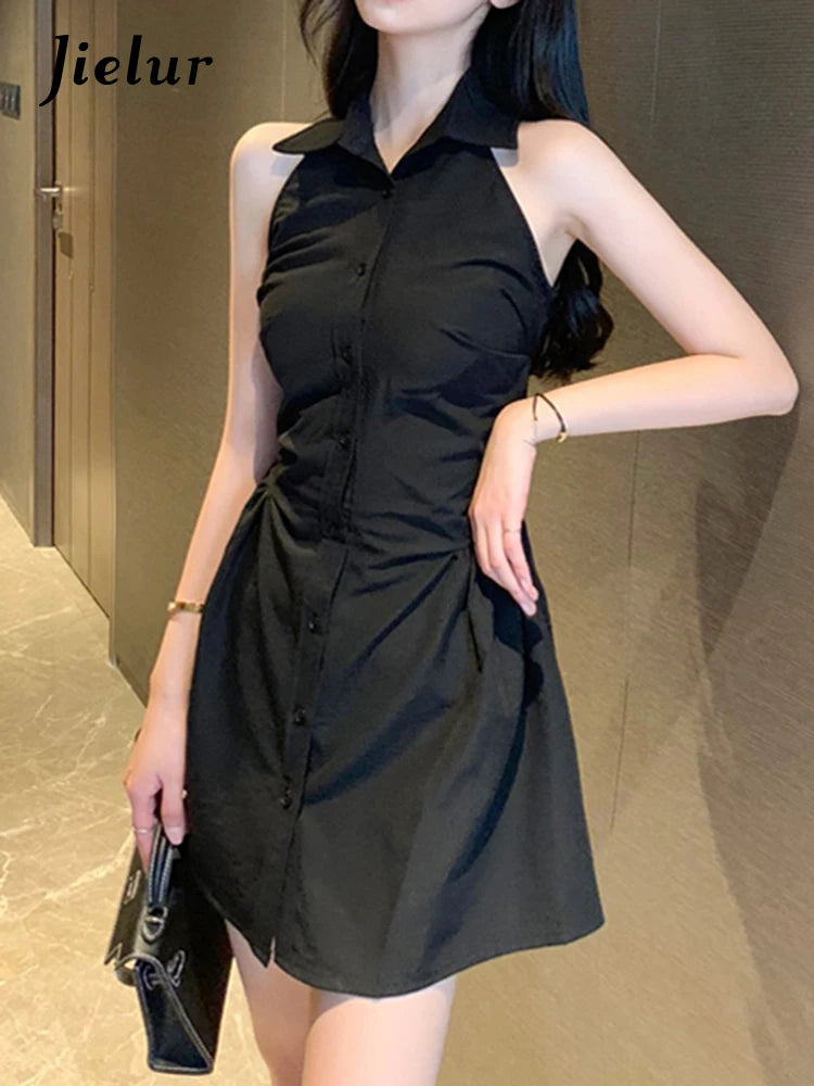 Black Halter Polo Neck Female Shirt Dress Slim Waist Sleeveless Solid Color Single Breasted Women's Dresses Office Lady