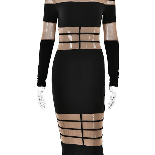 Load image into Gallery viewer, Elegant Long Sleeve Mesh Patchwork Bodycon Party Evening Dress Women Elastic Tight Autumn/Winter New 2024 Vestido Female
