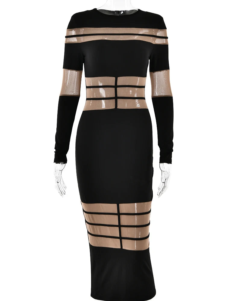 Elegant Long Sleeve Mesh Patchwork Bodycon Party Evening Dress Women Elastic Tight Autumn/Winter New 2024 Vestido Female
