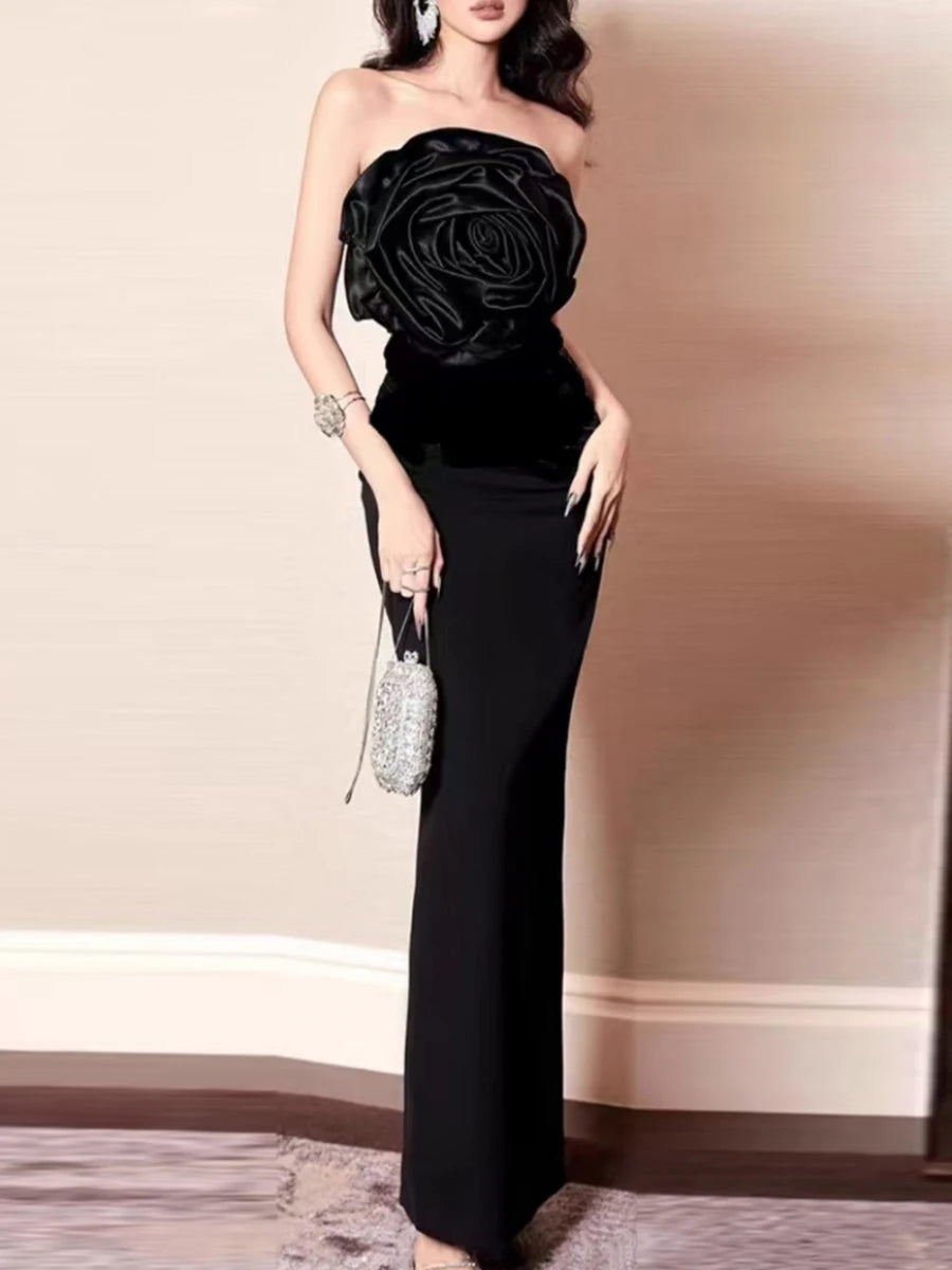 Hit Color Slimming Spliced Appliques Dresses For Women Strapless Sleeveless High Waist Temperament Dress Female New