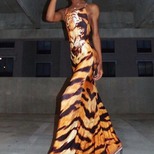 Load image into Gallery viewer, Fashion Print Sexy Backless Tie Slim Fit Women's Dress Spaghetti Strap Tiger Print Maxi Dress Elegant Party Vestidos
