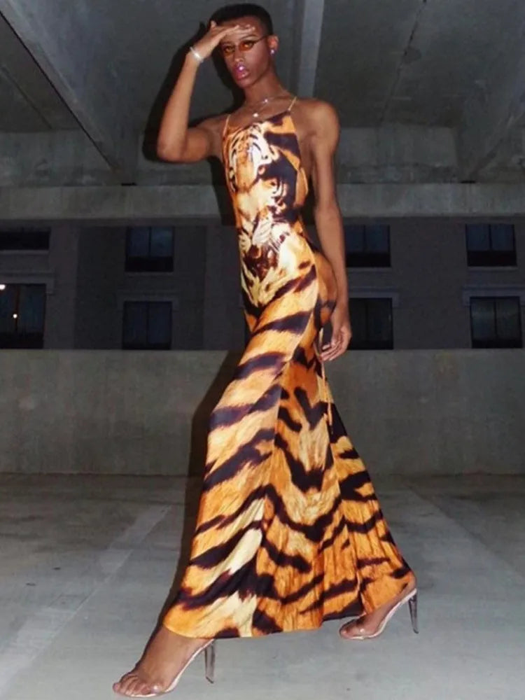 Fashion Print Sexy Backless Tie Slim Fit Women's Dress Spaghetti Strap Tiger Print Maxi Dress Elegant Party Vestidos