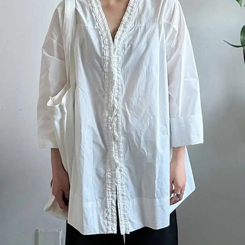 Load image into Gallery viewer, Women White Ruffles Elegant Big Size Long Blouse New V-neck Long Sleeve Shirt Fashion Tide Spring Autumn 2025 1DJ0732
