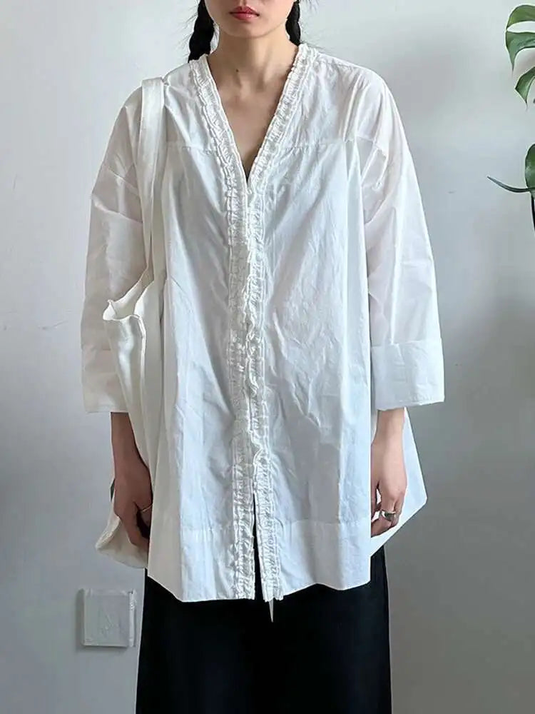 Women White Ruffles Elegant Big Size Long Blouse New V-neck Long Sleeve Shirt Fashion Tide Spring Autumn 2025 1DJ0732