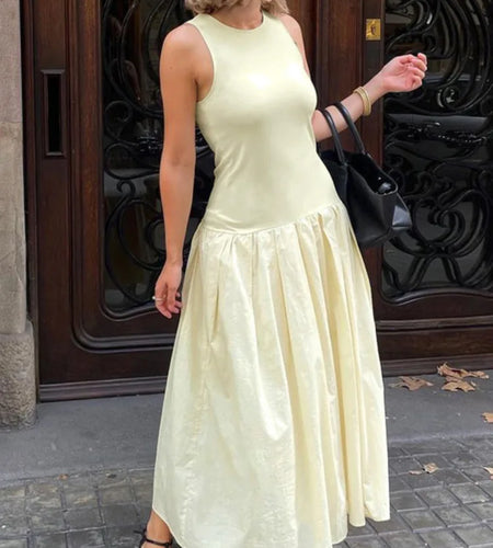 Patchwork Sleeveless Maxi Dress For Women Autumn New Casual Solid O Neck Loose A-line Long Tank Dress Elegant Fashion