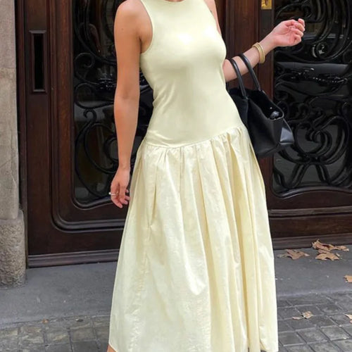 Load image into Gallery viewer, Patchwork Sleeveless Maxi Dress For Women Autumn New Casual Solid O Neck Loose A-line Long Tank Dress Elegant Fashion
