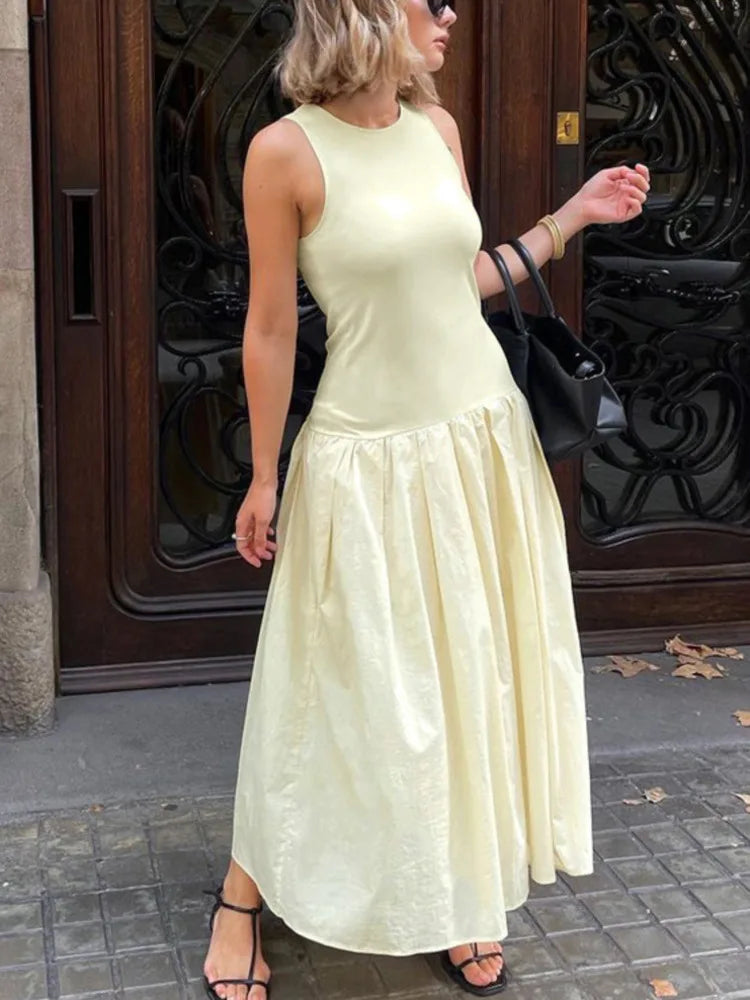 Patchwork Sleeveless Maxi Dress For Women Autumn New Casual Solid O Neck Loose A-line Long Tank Dress Elegant Fashion