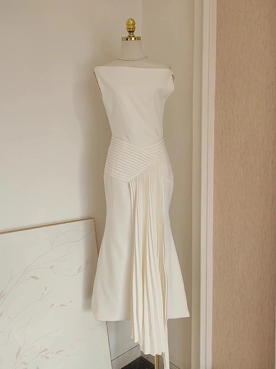 Solid Spliced Folds Slimming Dresses For Women Slash Neck Sleeveless High Waist Temperament Dress Female Fashion