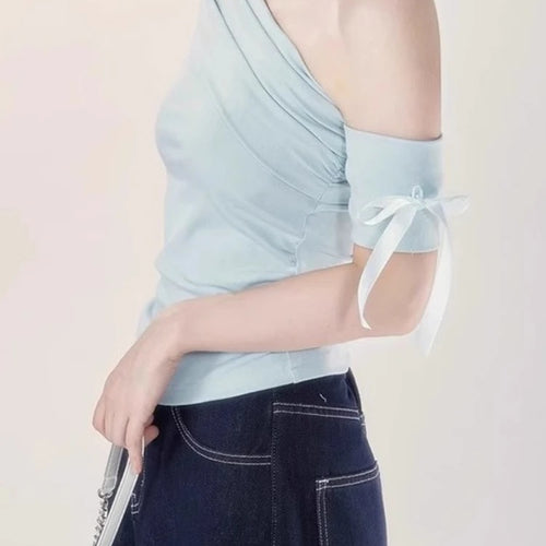 Load image into Gallery viewer, Women Vintage Skew Collar Cropped Tees Y2k Aesthetic Summer Bodycon Pleated T Shirts 2025 Harajuku Fairy Solid Bow Grunge Tops
