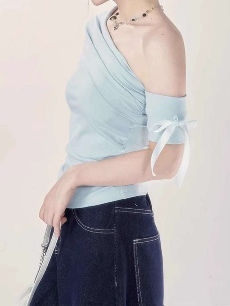 Women Vintage Skew Collar Cropped Tees Y2k Aesthetic Summer Bodycon Pleated T Shirts 2025 Harajuku Fairy Solid Bow Grunge Tops