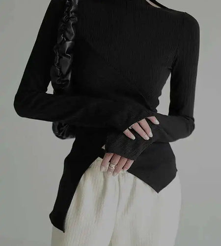 Black Irregular High Elastic Knitting Sweater Turtleneck Long Sleeve Women Pullovers New Fashion Spring Autumn 2025 1DF490