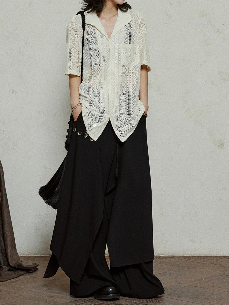 Women Beige Hollow Out Pocket Big Size Elegant Blouse New Lapel Short Sleeve Shirt Fashion Tide Spring Summer 2025 1DJ1184