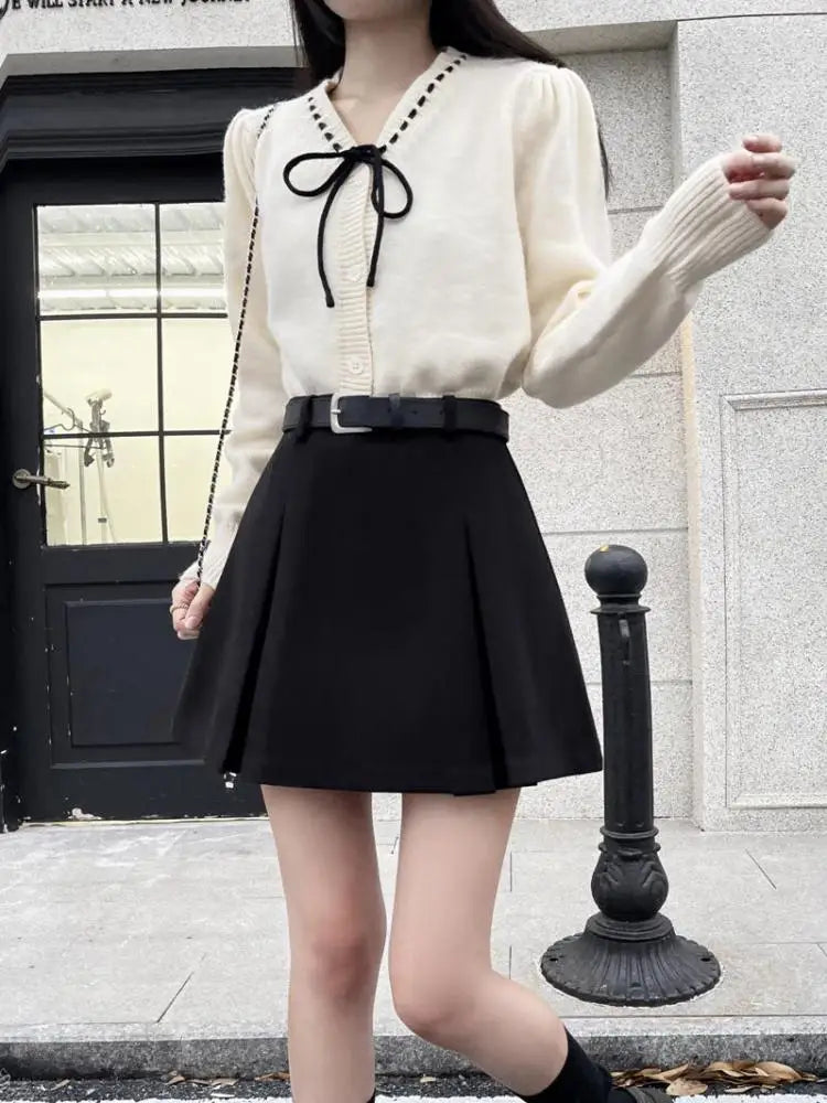 Black Party Woolen Mini Skirt Women Autumn Winter Brown A Line Wrap Hip Short Skirts Korean Fashion Harajuku Thick Pleated Skirt