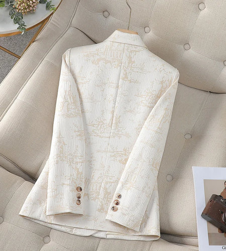 Autumn Winter Vintage Chinese Style Beige Print Elegant Festival Blazers Women Long Sleeve  Single Breasted Coat Fashion Popular
