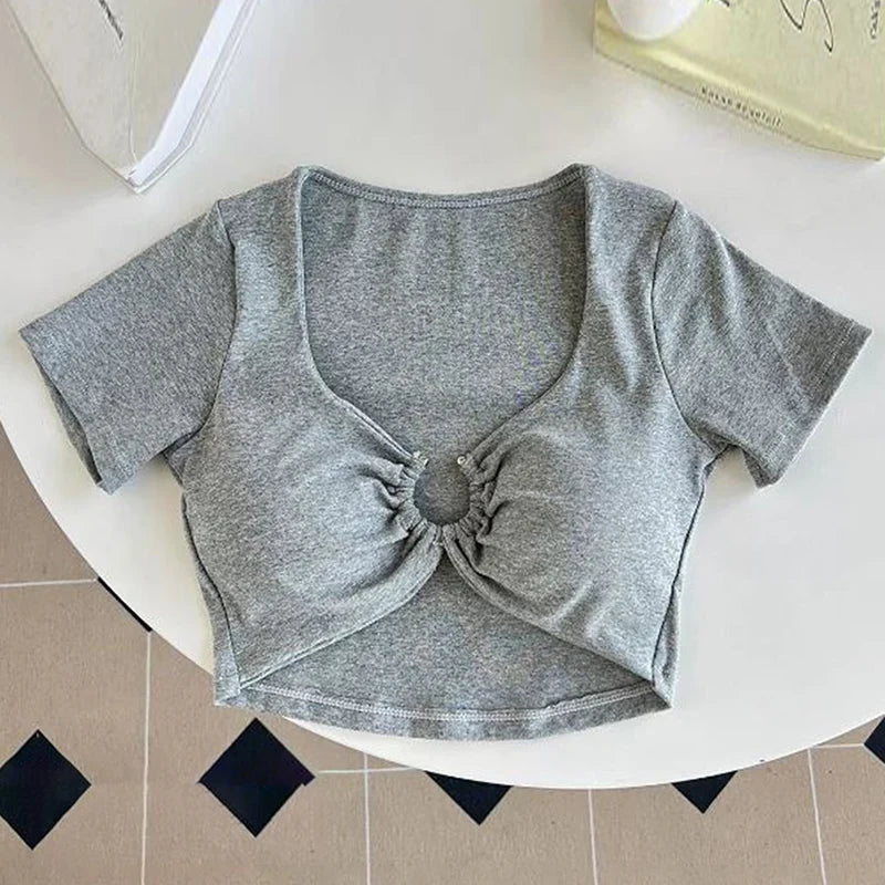 y2k Crop Tops Women Summer Clothes Sexy Solid Color Metal Ring Short Sleeve Padded T Shirts 2000s Clothing Streetwear