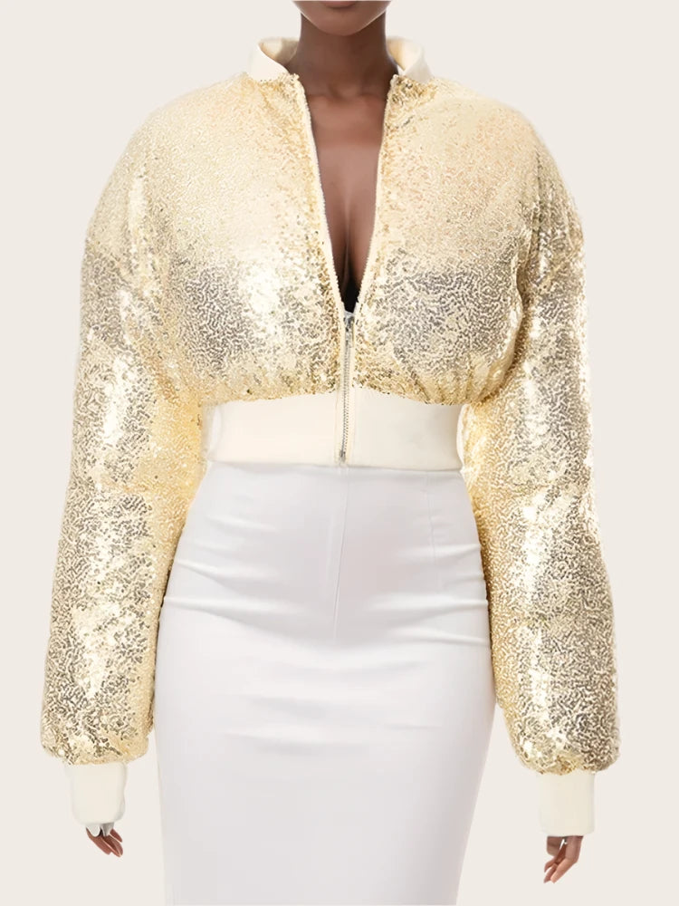 Sparkle Gold Sequins Puffer Jacket Womens Coats Winter Clothes Streetwear Fashion New in Outerwears C85-GF52