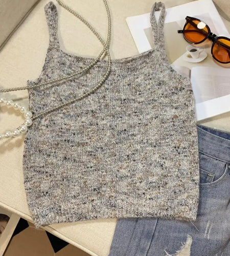 New Women's Green Sleeveless Backless Slip Tops Gray Backless Sleeveless Crochet Knitted Short Tank Top Summer Clothing Fashion