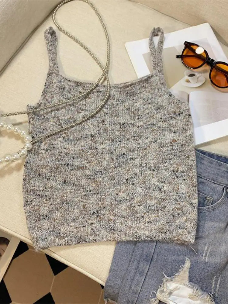 New Women's Green Sleeveless Backless Slip Tops Gray Backless Sleeveless Crochet Knitted Short Tank Top Summer Clothing Fashion