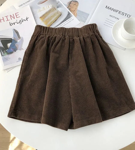 Vintage Corduroy Women's Shorts Summer Casual Elastic High Waist Wide Short Pants Solid All-Match Loose Shorts Woman