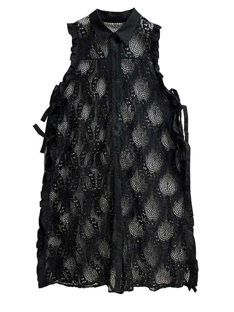 Women White Lace Perspective Ruffles Big Size Shirt Dress New Lapel Sleeveless Fashion Tide Spring Summer 2025 1DH6069