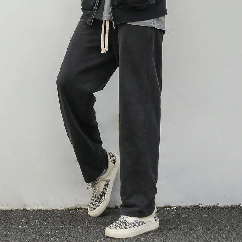 Solid Color Men's Sweatpants Straight Drawstring Trousers Elastic Waist Loose Wide Leg Bottom 2024 Winter Fashion 9C8810