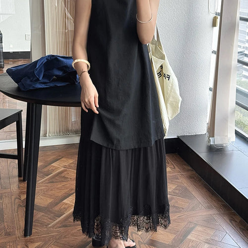 Load image into Gallery viewer, Women Beige Mesh Lace Spliced Elegant Long Vest Dress New Round Neck Sleeveless Fashion Tide Spring Summer 2025 1DJ1216
