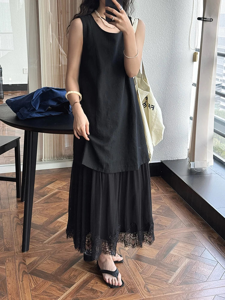 Women Beige Mesh Lace Spliced Elegant Long Vest Dress New Round Neck Sleeveless Fashion Tide Spring Summer 2025 1DJ1216