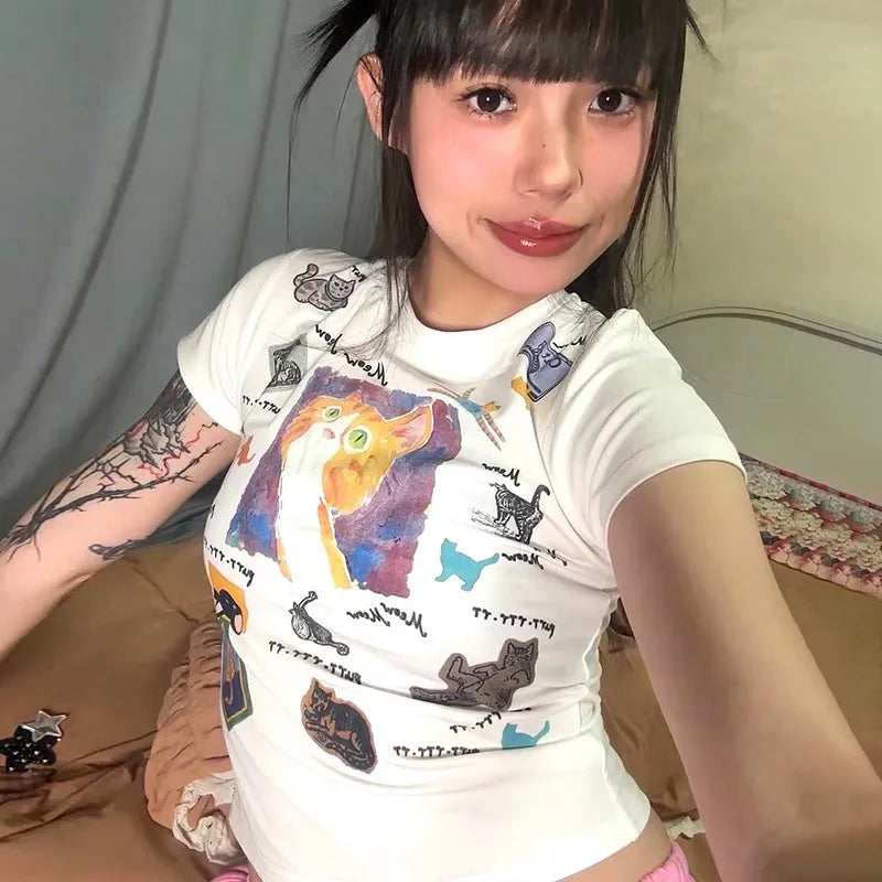 Japanese Y2k Cat Print T-shirt Trashy 2000s Style Crop Top Vintage Harajuku Short Sleeve Tee Shirt American Retro 90s